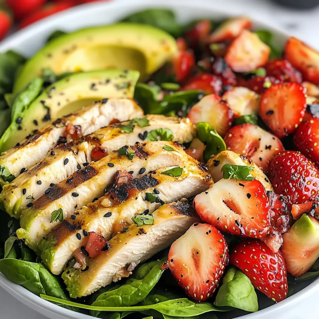 Avocado Strawberry Spinach Salad with Grilled Chicken