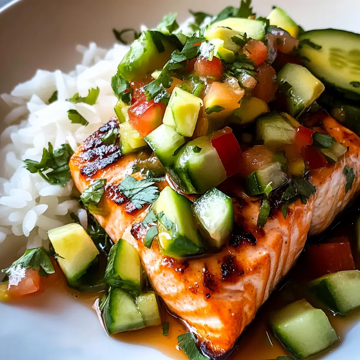 Bang Bang Salmon with Avocado Cucumber Salsa