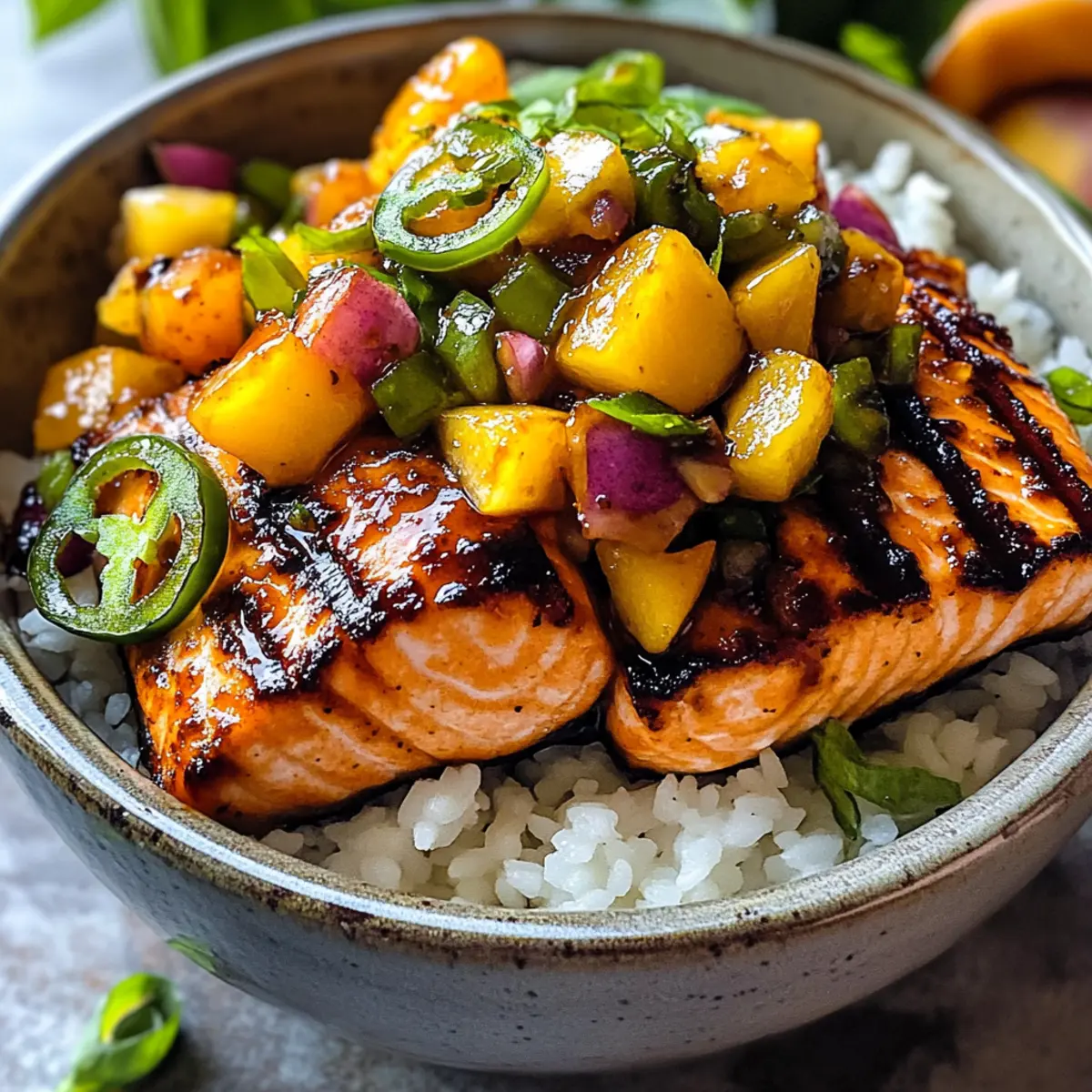 Crispy BBQ Salmon Bowls with Roasted Jalapeño Peach Salsa