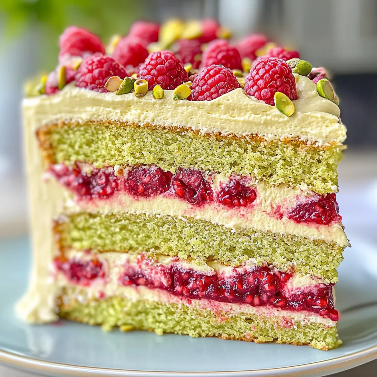 Pistachio Cake with Raspberry Filling and French Buttercream