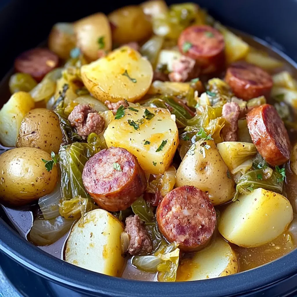 Easy Cabbage, Potatoes & Beef Sausage in a Slow Cooker Delight