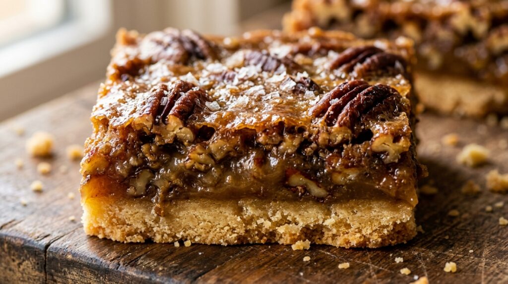Chewy brown butter pecan pie bars with golden caramel and shortbread crust