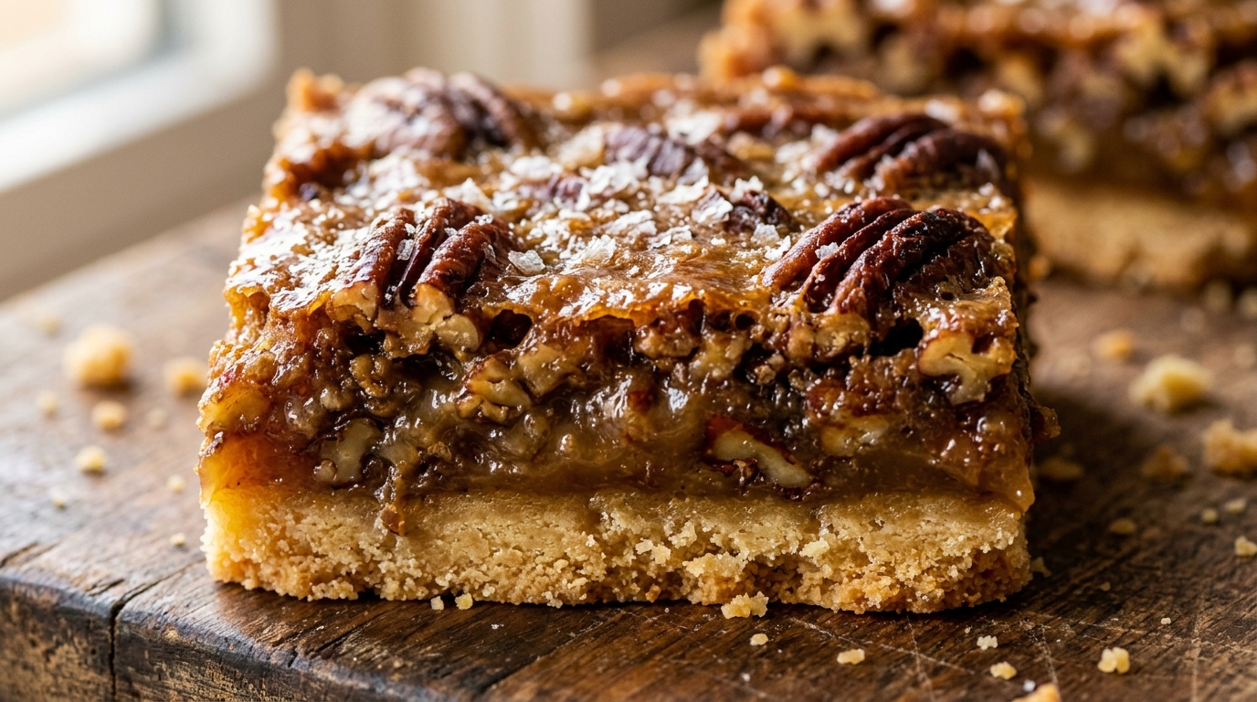 Chewy brown butter pecan pie bars with golden caramel and shortbread crust