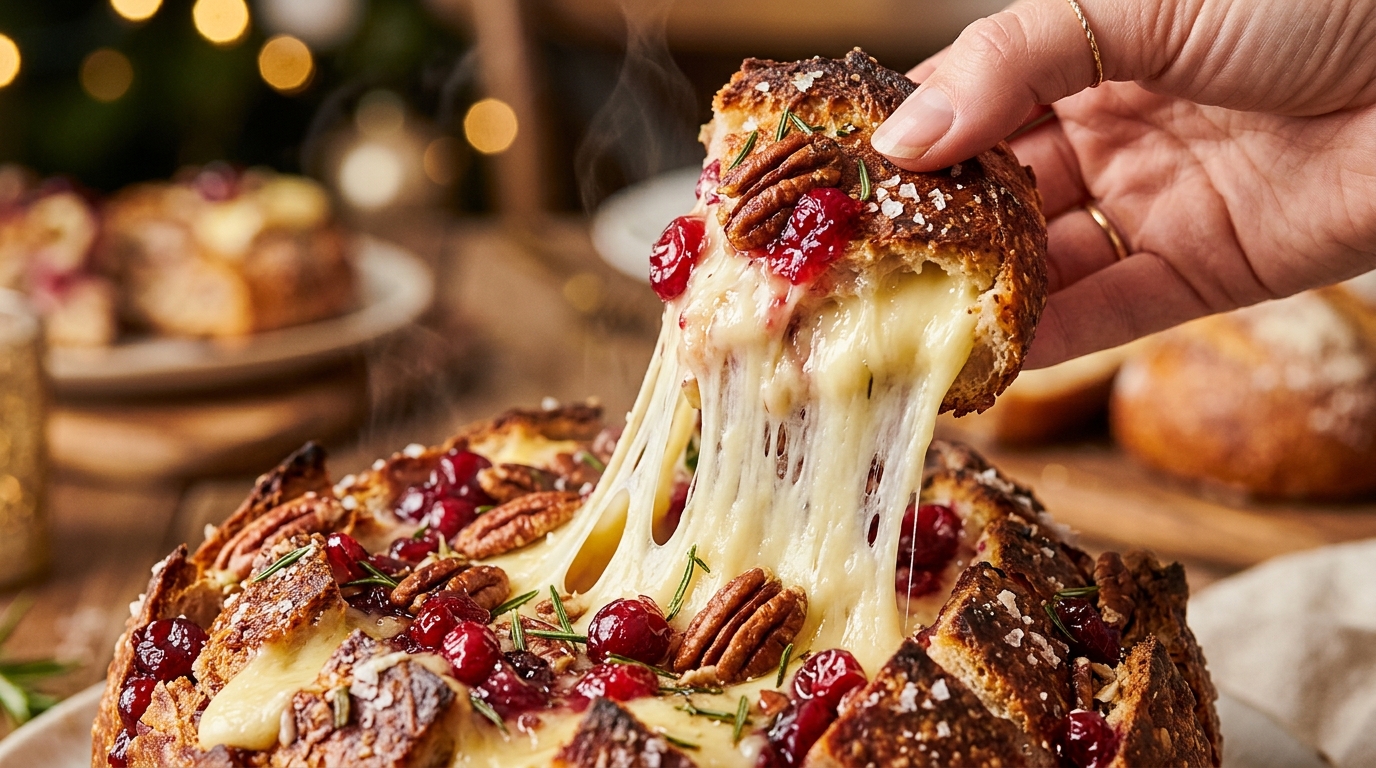 Cranberry brie pull apart bread with molten cheese pull and ruby cranberry sauce