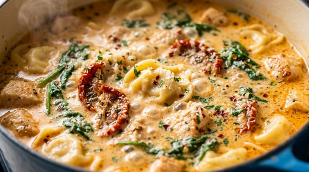 Creamy Marry Me chicken tortellini soup with spinach and sun-dried tomatoes