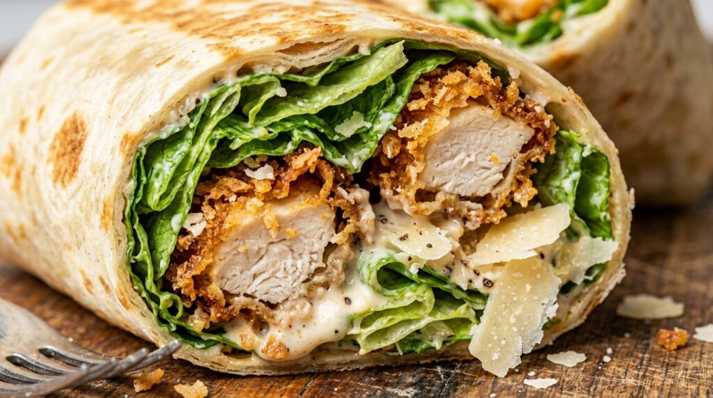 Crispy chicken Caesar wrap cut in half with crunchy panko chicken, romaine, and creamy Caesar dressing