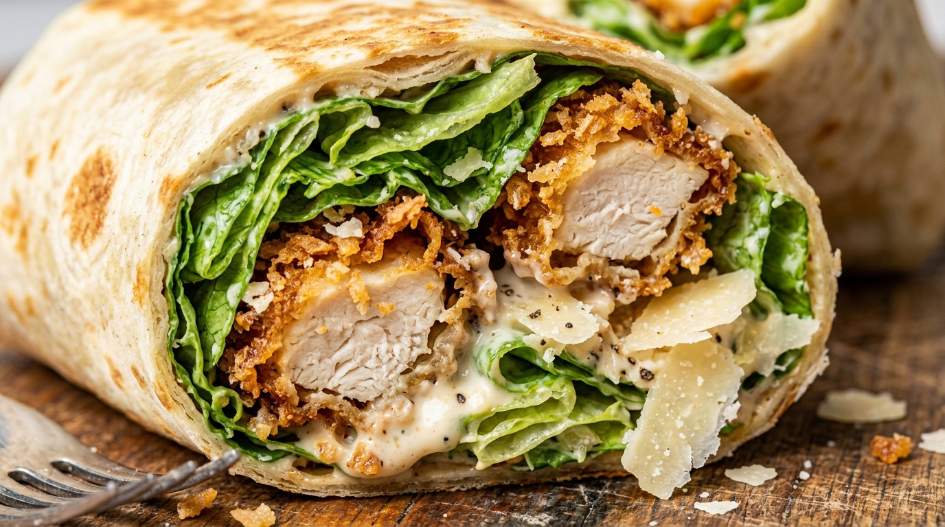 Crispy chicken Caesar wrap sliced diagonally with crunchy panko cutlets, romaine lettuce, and parmesan garlic dressing
