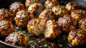 Crispy lemon herb chicken meatballs sizzling in skillet with caramelized crust and fresh herbs