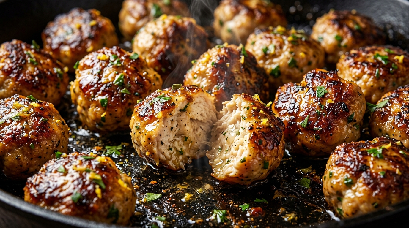 Crispy lemon herb chicken meatballs sizzling in skillet with caramelized crust and fresh herbs