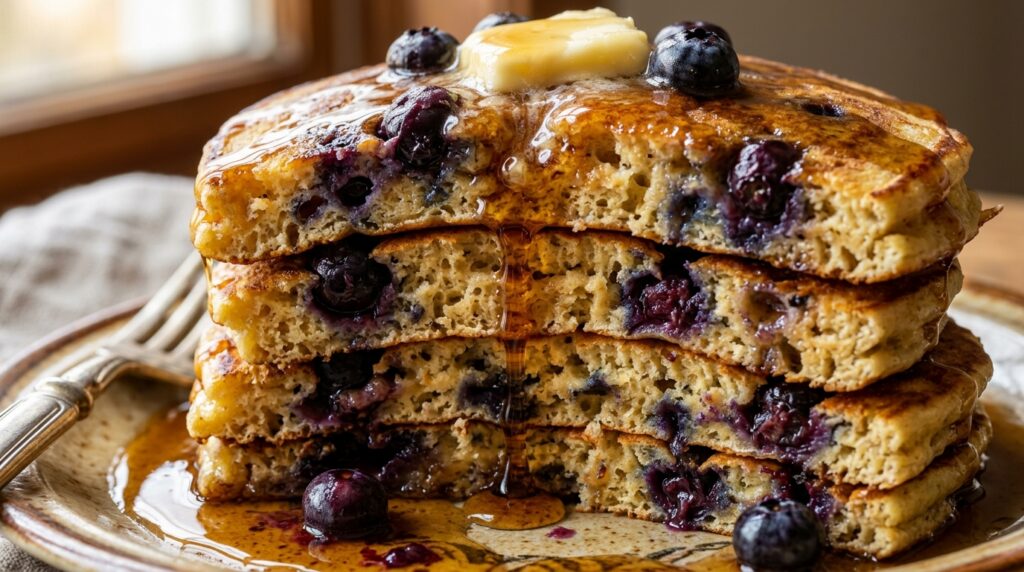 Fluffy buttermilk blueberry pancakes stacked tall with cascading maple syrup and melting butter