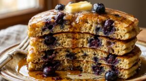 Fluffy buttermilk blueberry pancakes stacked tall with cascading maple syrup and melting butter