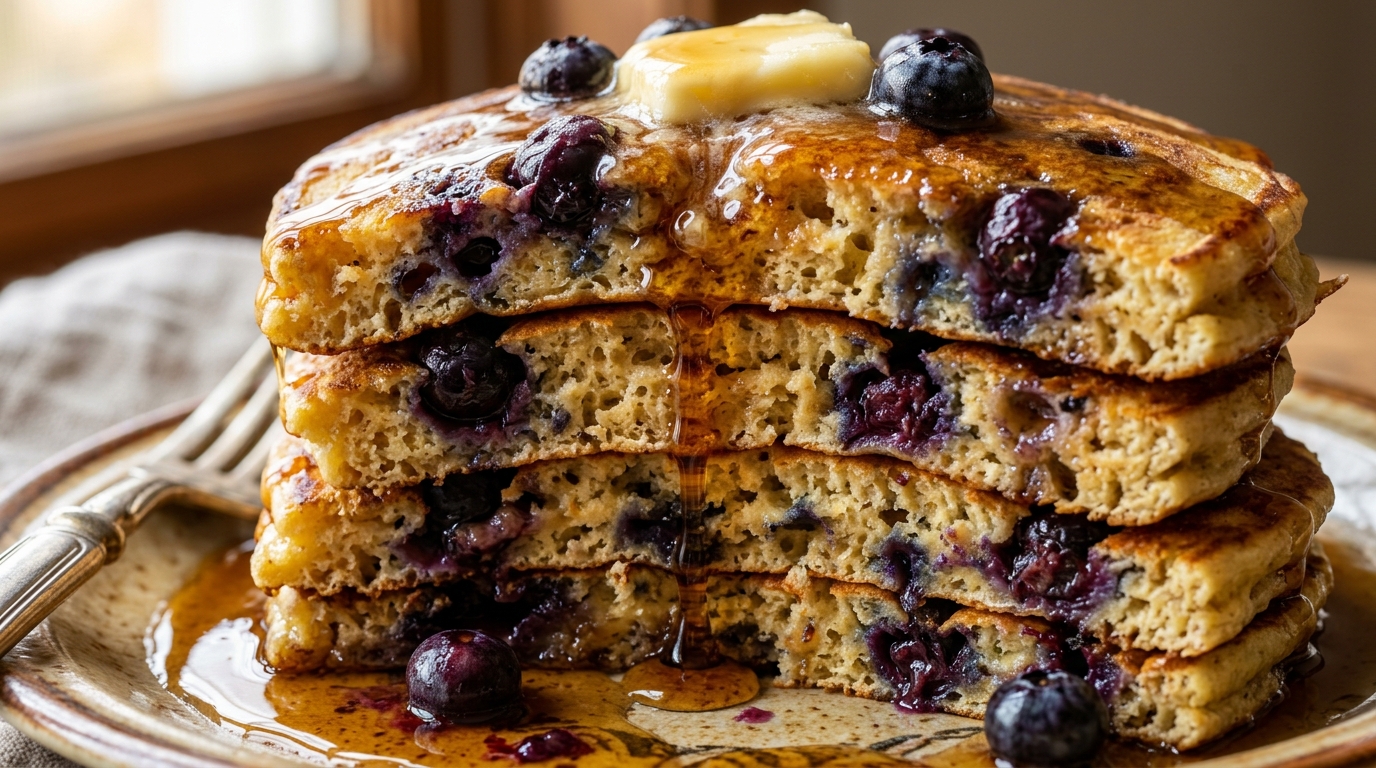 Fluffy buttermilk blueberry pancakes stacked tall with cascading maple syrup and melting butter