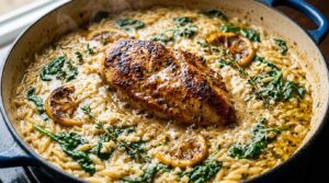 One-pot lemon garlic chicken and orzo with golden seared cutlets and creamy parmesan spinach orzo