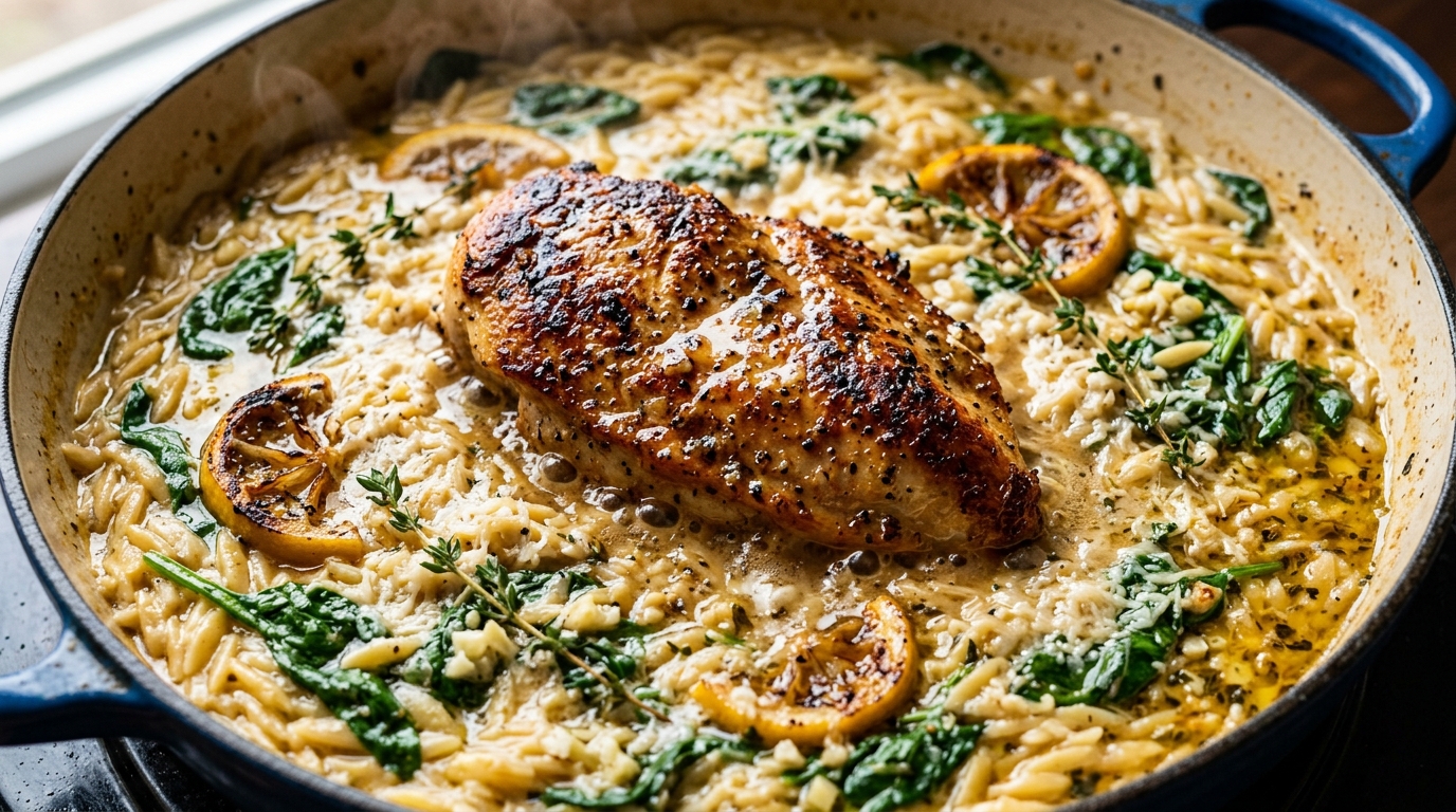 One-pot lemon garlic chicken and orzo with golden seared cutlets and creamy parmesan spinach orzo