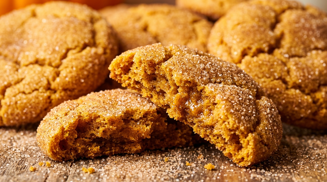 Soft-baked pumpkin snickerdoodle cookies with cracked tops and sparkling cinnamon sugar coating
