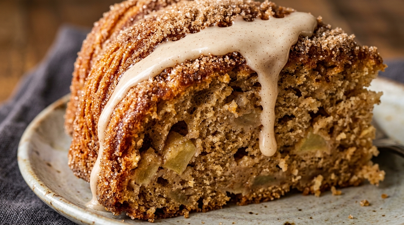 Apple cider donut bundt cake slice with crunchy cinnamon sugar crust and vanilla cinnamon drizzle