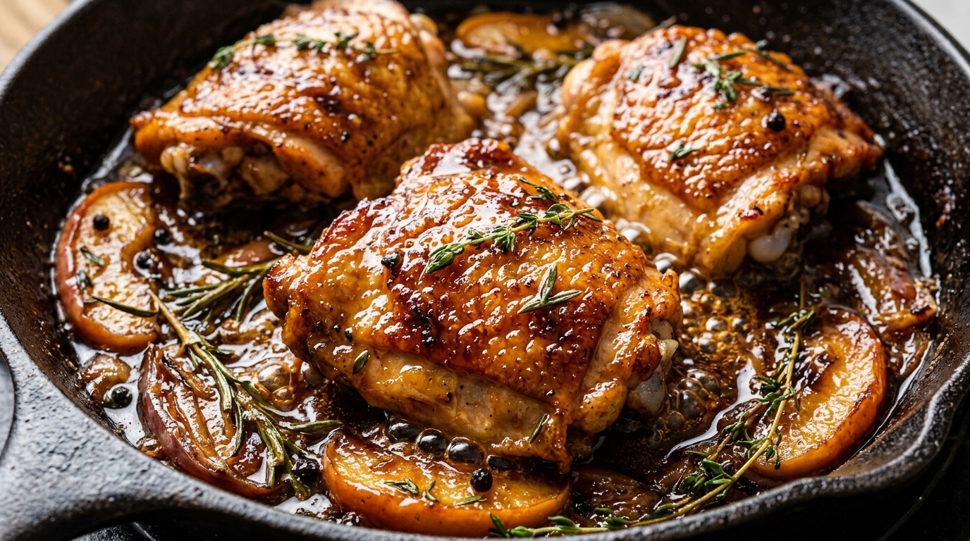Apple cider glazed braised chicken thighs in cast-iron skillet with caramelized apples and fresh rosemary
