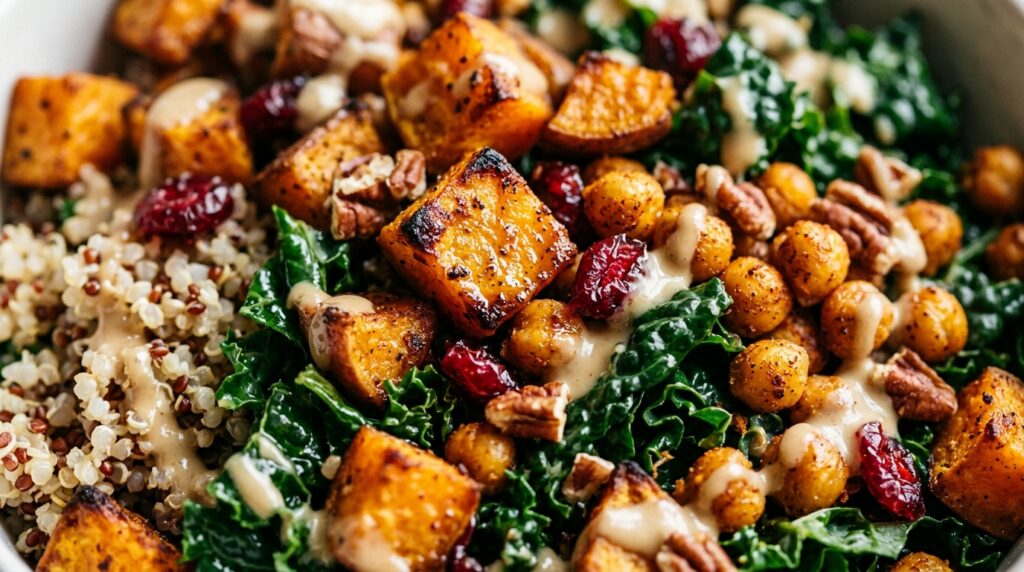 Autumn roasted sweet potato and kale bowl with quinoa, spiced chickpeas, and creamy tahini drizzle