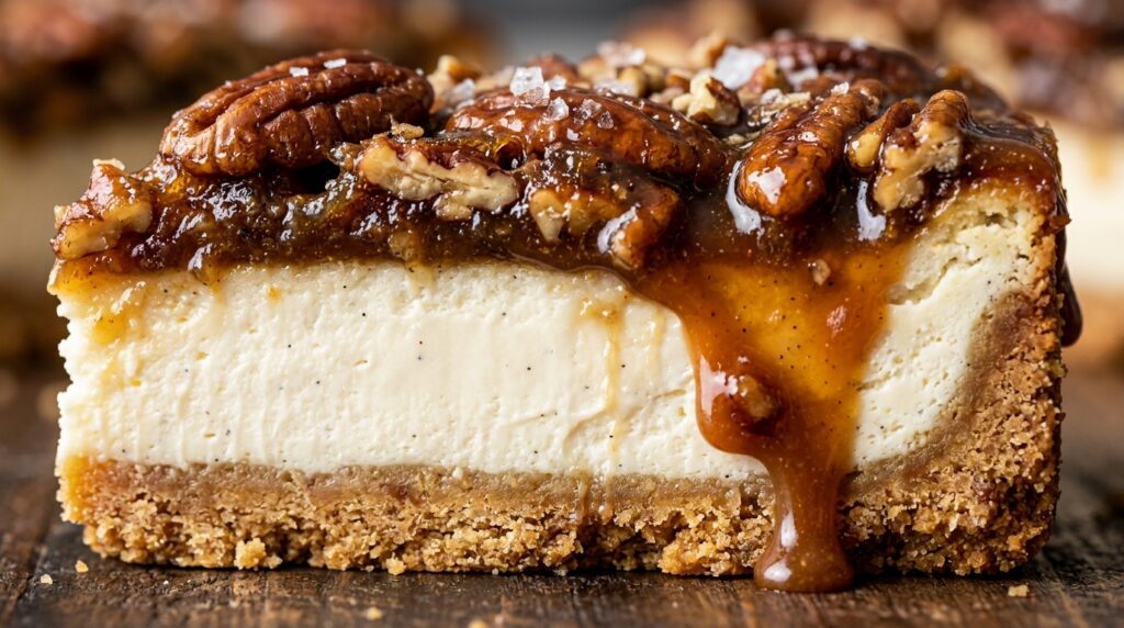 Brown butter pecan pie cheesecake bar with creamy vanilla layer and gooey caramel pecan topping