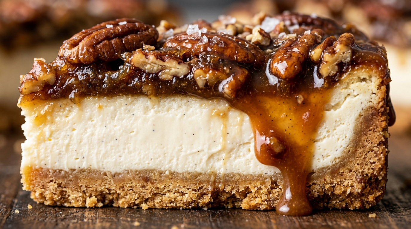 Brown butter pecan pie cheesecake bar with creamy vanilla layer and gooey caramel pecan topping