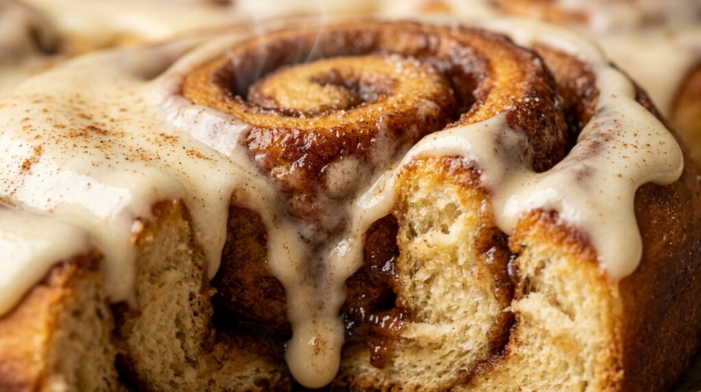 Warm cinnamon roll cake with thick melting cream cheese glaze cascading over caramelized cinnamon brown sugar swirls