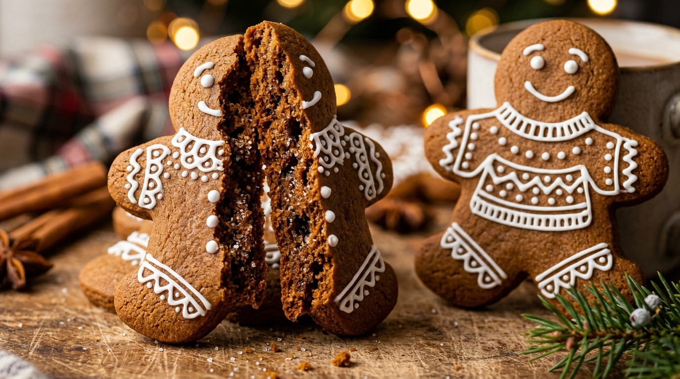 Classic chewy gingerbread cookies decorated with delicate royal icing on rustic wooden board