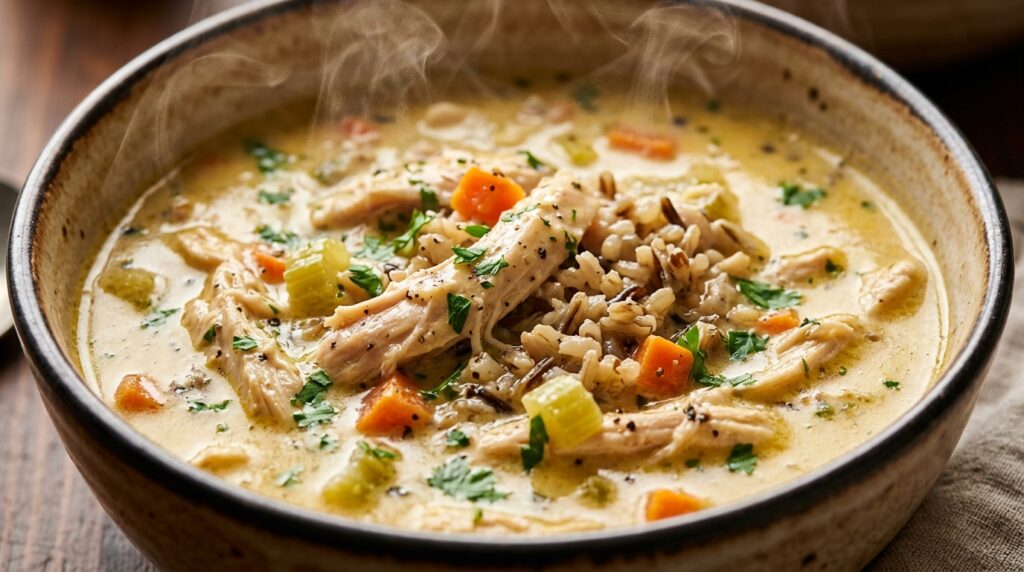 Creamy chicken and wild rice soup in a bowl with carrots, celery, fresh herbs, and crusty bread