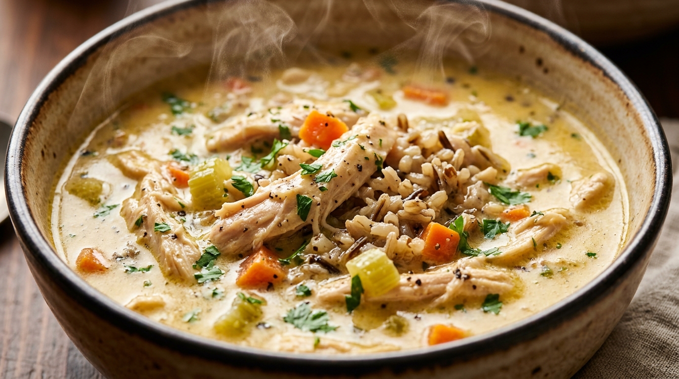 Creamy chicken and wild rice soup in a bowl with carrots, celery, fresh herbs, and crusty bread