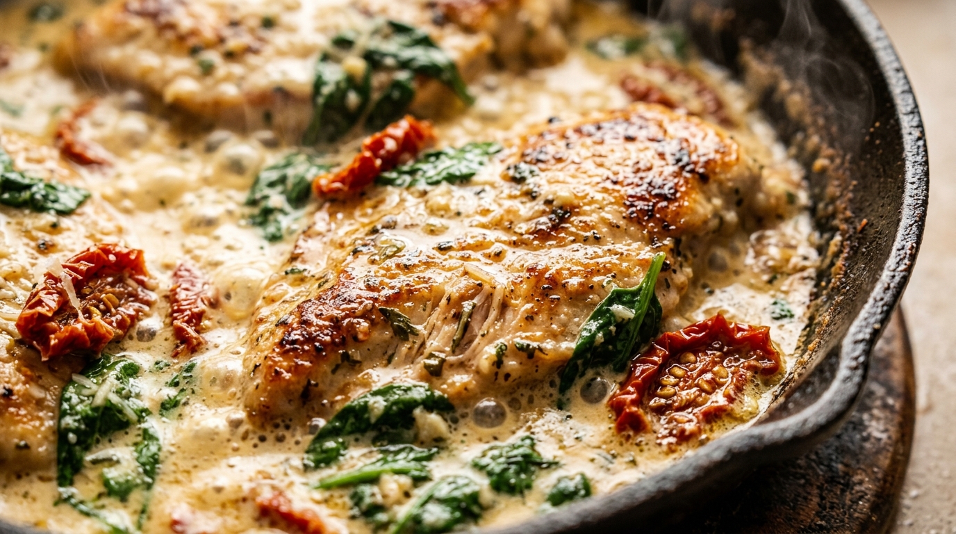 Creamy Tuscan garlic chicken skillet with golden seared chicken cutlets in parmesan cream sauce, sun-dried tomatoes, and baby spinach