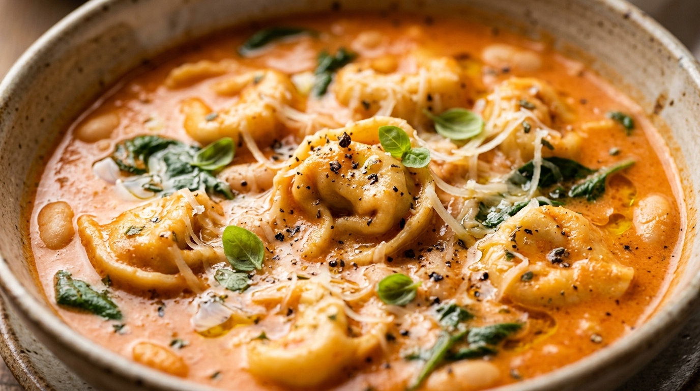 Creamy white bean tomato tortellini soup in rustic bowl with spinach, parmesan ribbons, and fresh basil