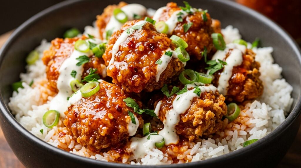 Crispy buffalo chicken meal prep bowl with glazed spicy chicken bites, jasmine rice, and Greek yogurt ranch