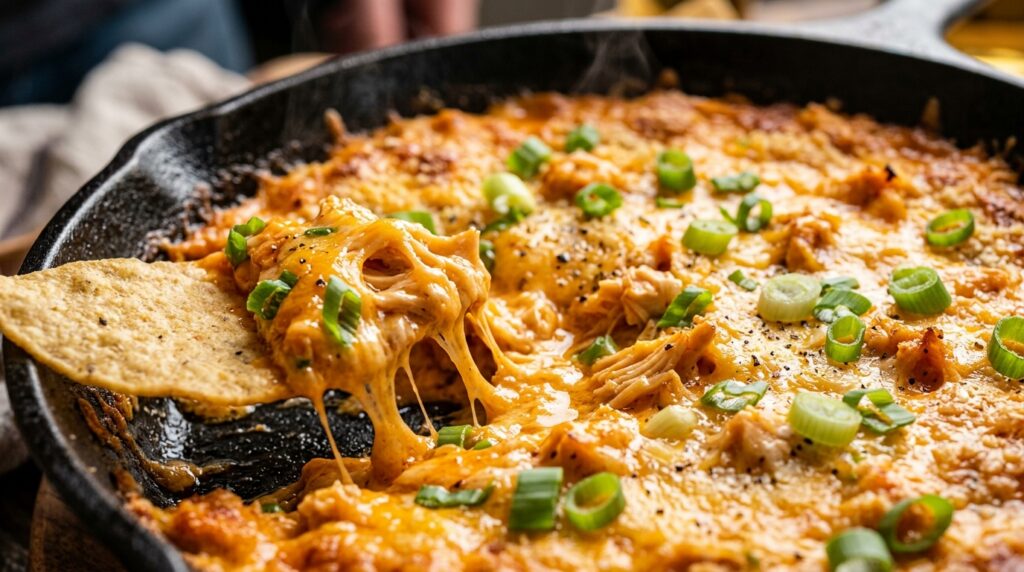 Crispy skillet buffalo chicken dip bubbling with molten cheddar cheese pull and tortilla chip scoop
