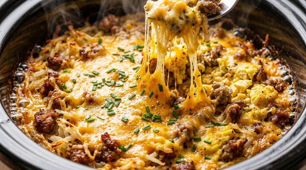 Slow cooker crockpot hashbrown breakfast casserole bubbling with molten sharp cheddar cheese and beef sausage