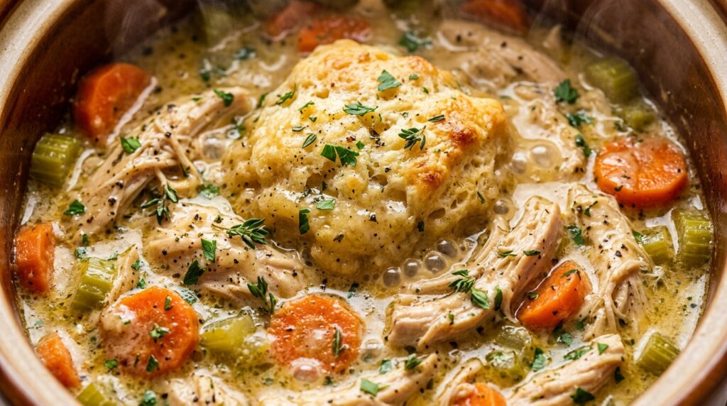 Easy slow cooker crockpot chicken and dumplings bubbling with fluffy rolled dumplings and tender shredded chicken