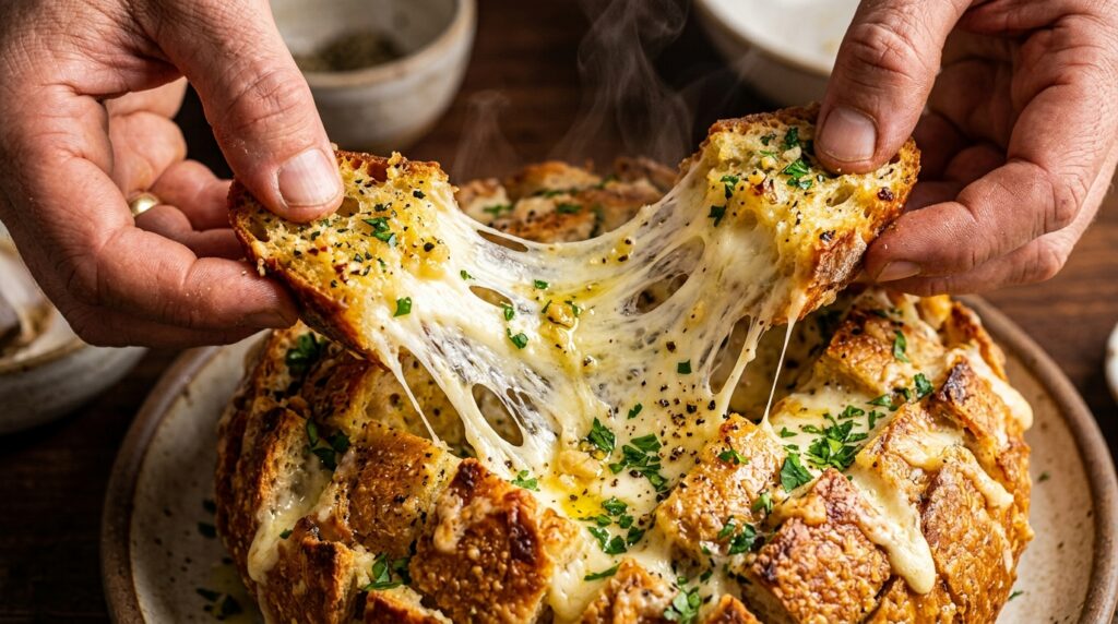 Garlic butter pull apart sourdough bread with melted mozzarella cheese pull, fresh parsley, and toasted crust