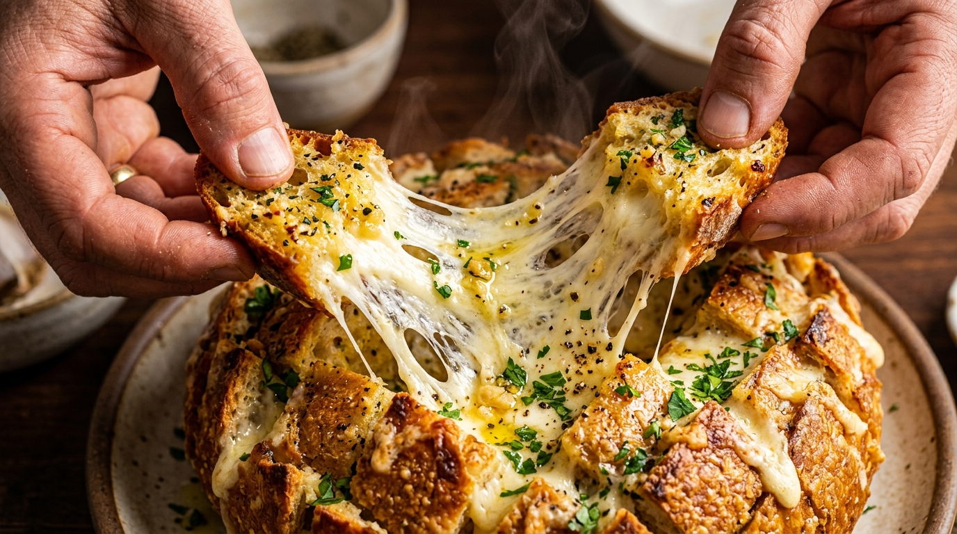 Garlic butter pull apart sourdough bread with melted mozzarella cheese pull, fresh parsley, and toasted crust