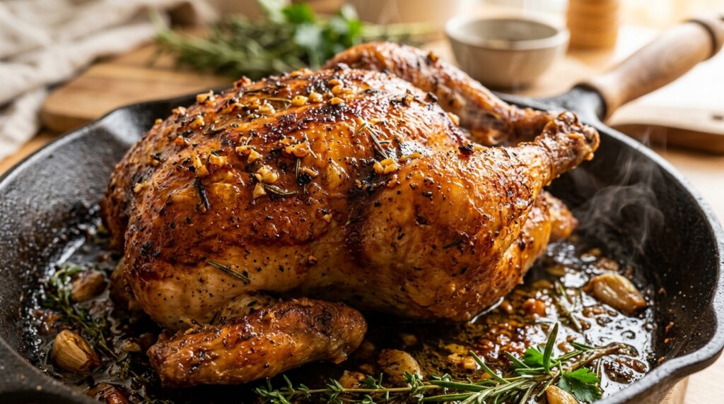 Garlic herb butter roasted whole chicken carved showing juicy white meat and golden crackling skin