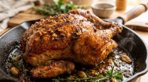 Garlic herb butter roasted whole chicken carved showing juicy white meat and golden crackling skin