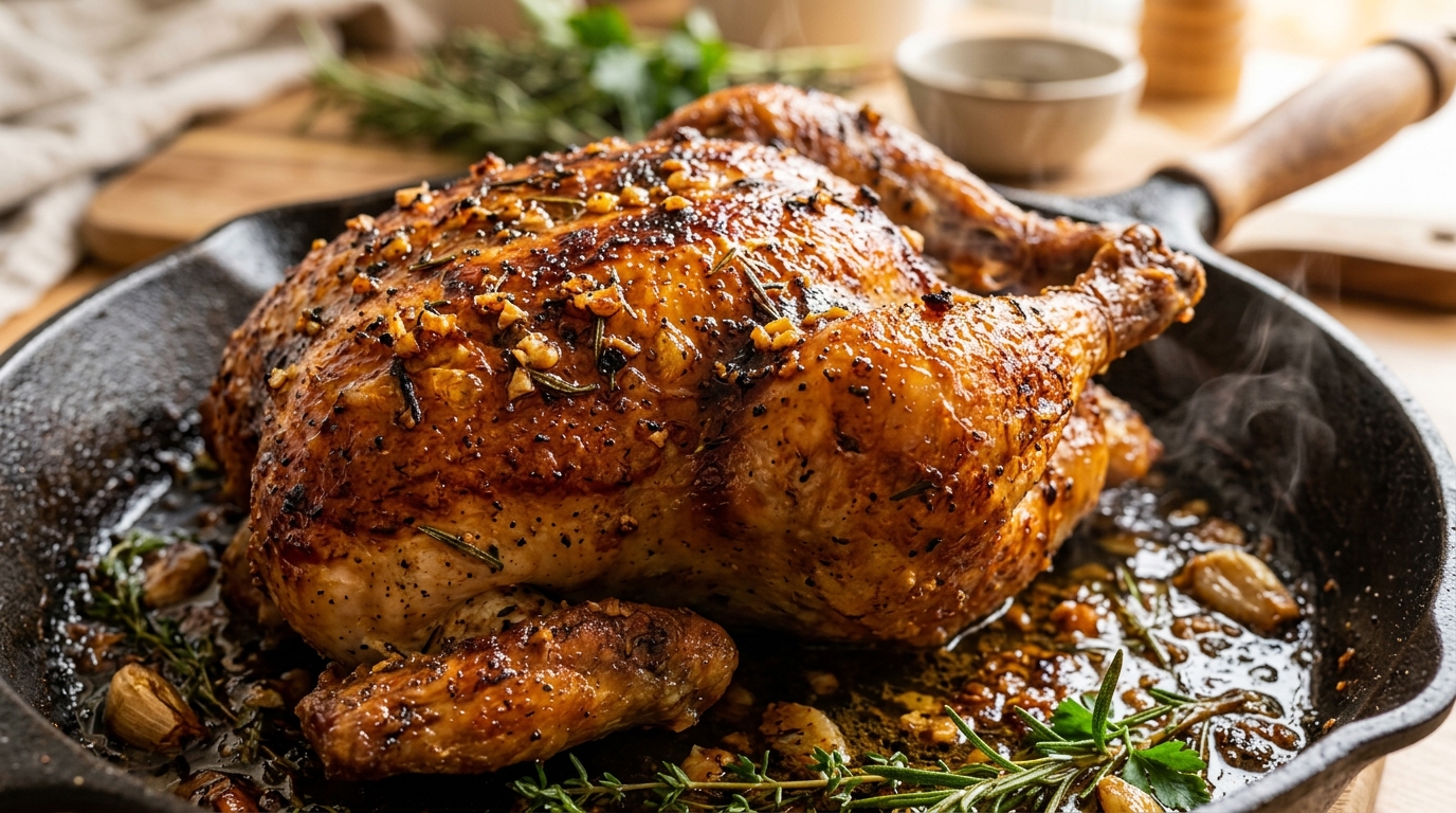 Garlic herb butter roasted whole chicken carved showing juicy white meat and golden crackling skin