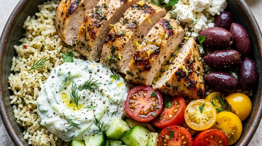 Healthy Greek lemon herb chicken meal prep bowls with golden basmati rice, diced salad, and cool dill tzatziki