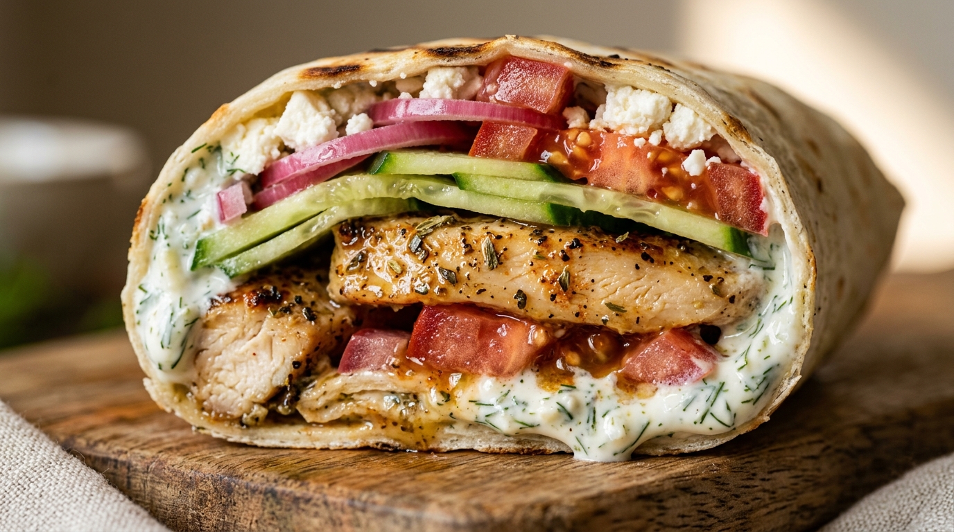 Mediterranean lemon herb chicken wrap cut in half with juicy grilled chicken, crisp cucumbers, tomatoes, and tzatziki