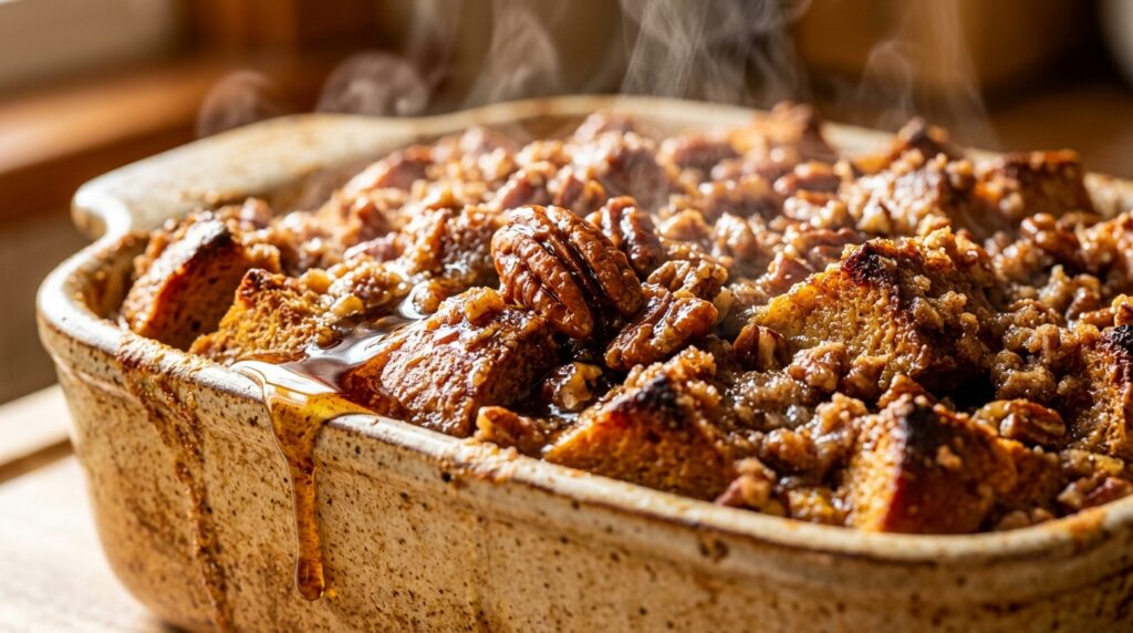 Baked pumpkin spice French toast casserole with brown sugar pecan streusel and maple syrup