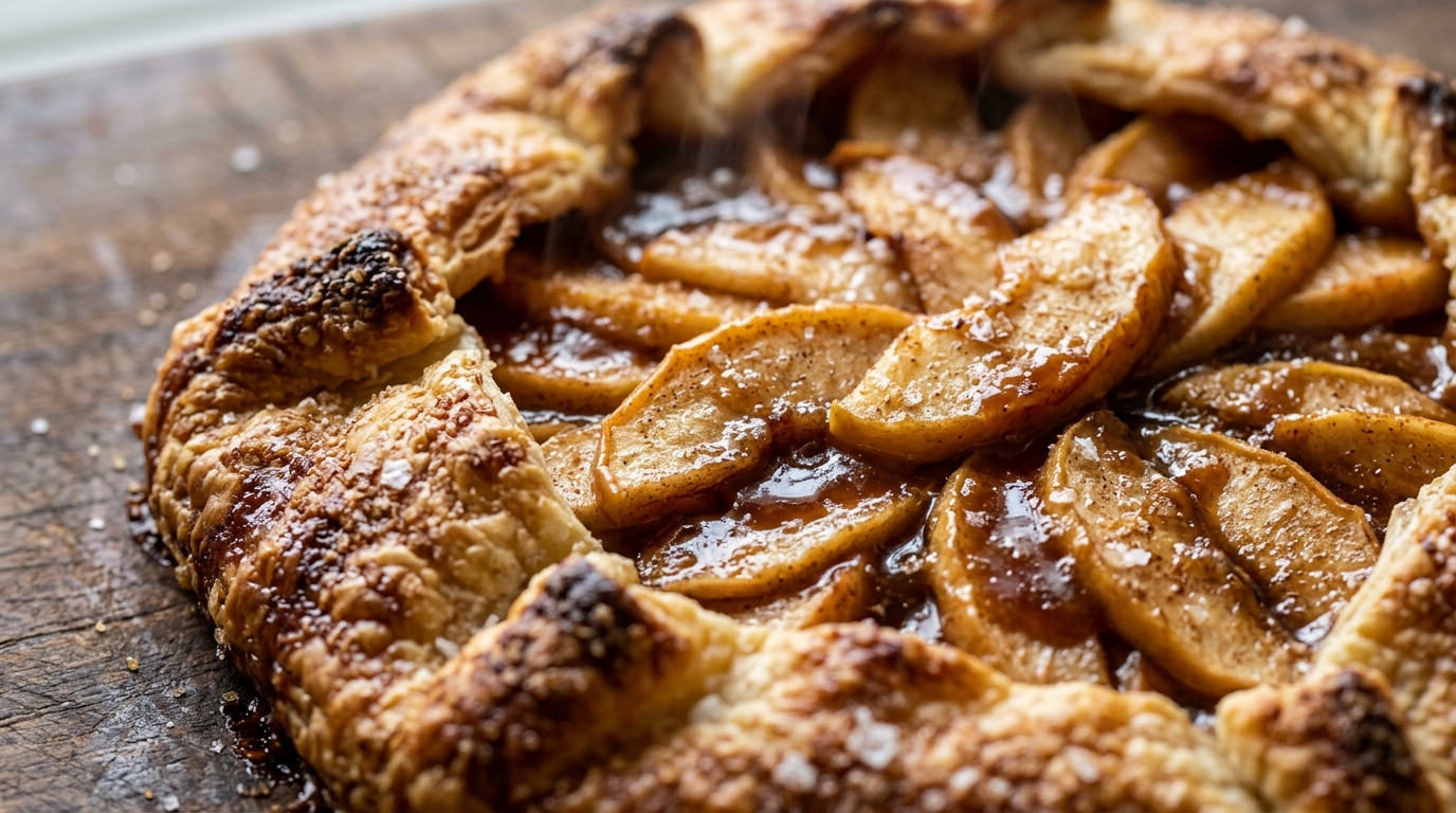Rustic salted caramel apple galette freshly baked with flaky pastry crust and warm caramel drizzle