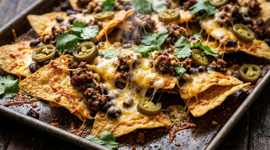 Sheet pan loaded beef nachos supreme with seasoned beef, melted cheddar cheese, black beans, and jalapeños