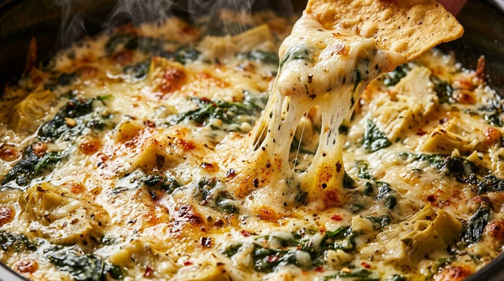 Slow cooker crockpot spinach artichoke dip bubbling with molten mozzarella cheese pull and tortilla chips