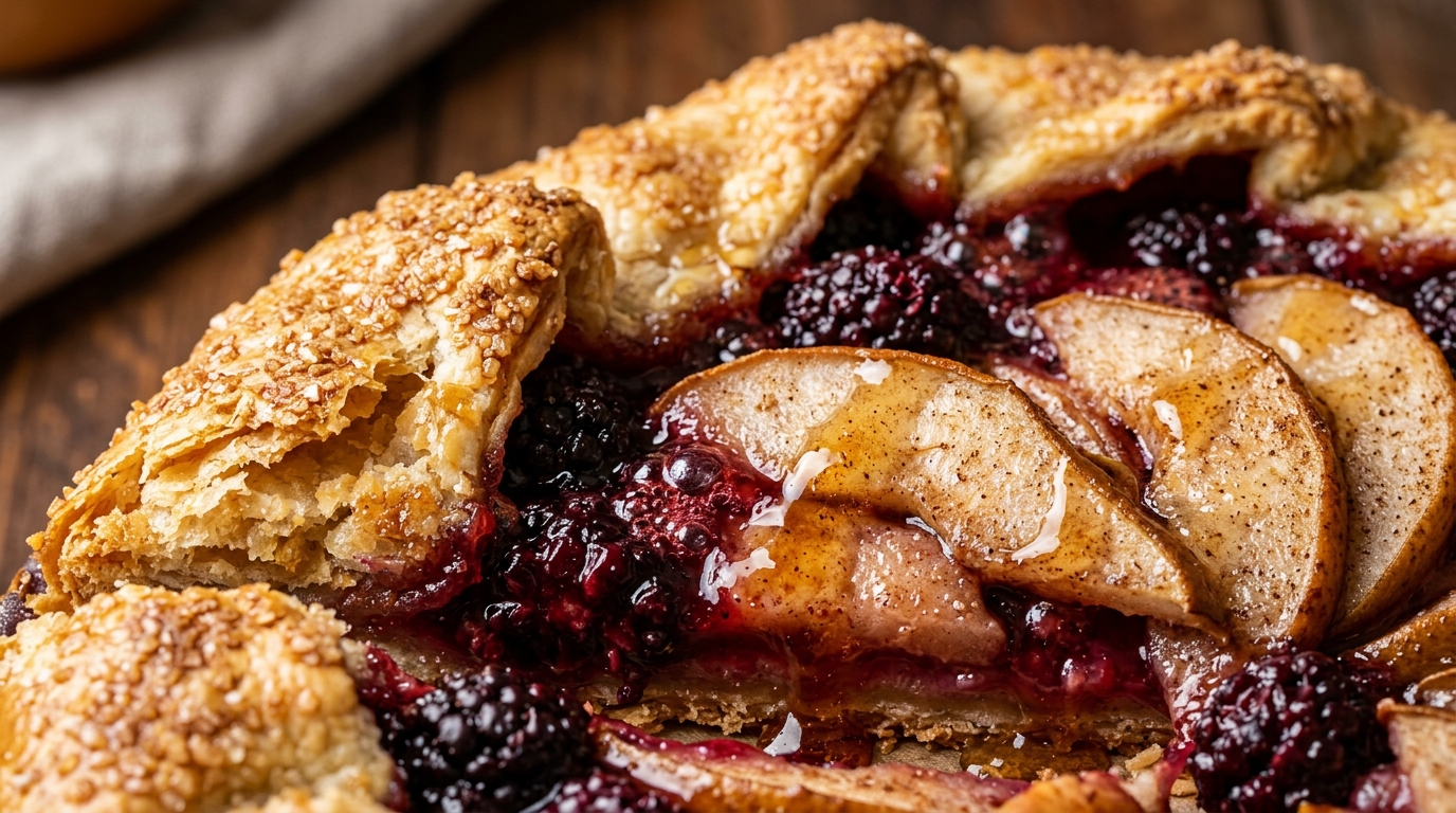 Spiced pear and blackberry galette with flaky all-butter crust, caramelized pears, and bubbling wild blackberries